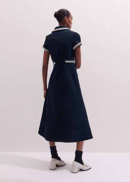 ME+EM Navy Fit + Flare Fray Trim Midi Dress