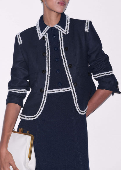 ME+EM Navy Fit + Flare Fray Trim Midi Dress