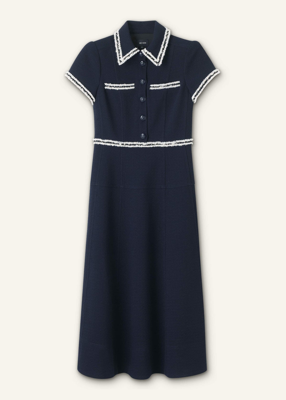 ME+EM Navy Fit + Flare Fray Trim Midi Dress