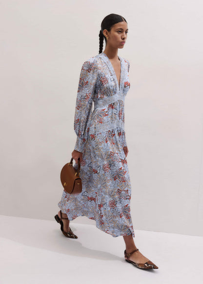 ME+EM Blue Silk Delicate Paisley Print Fit + Flare Maxi Dress