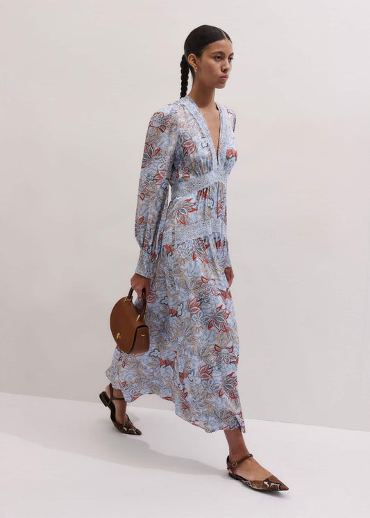 ME+EM Blue Silk Delicate Paisley Print Fit + Flare Maxi Dress