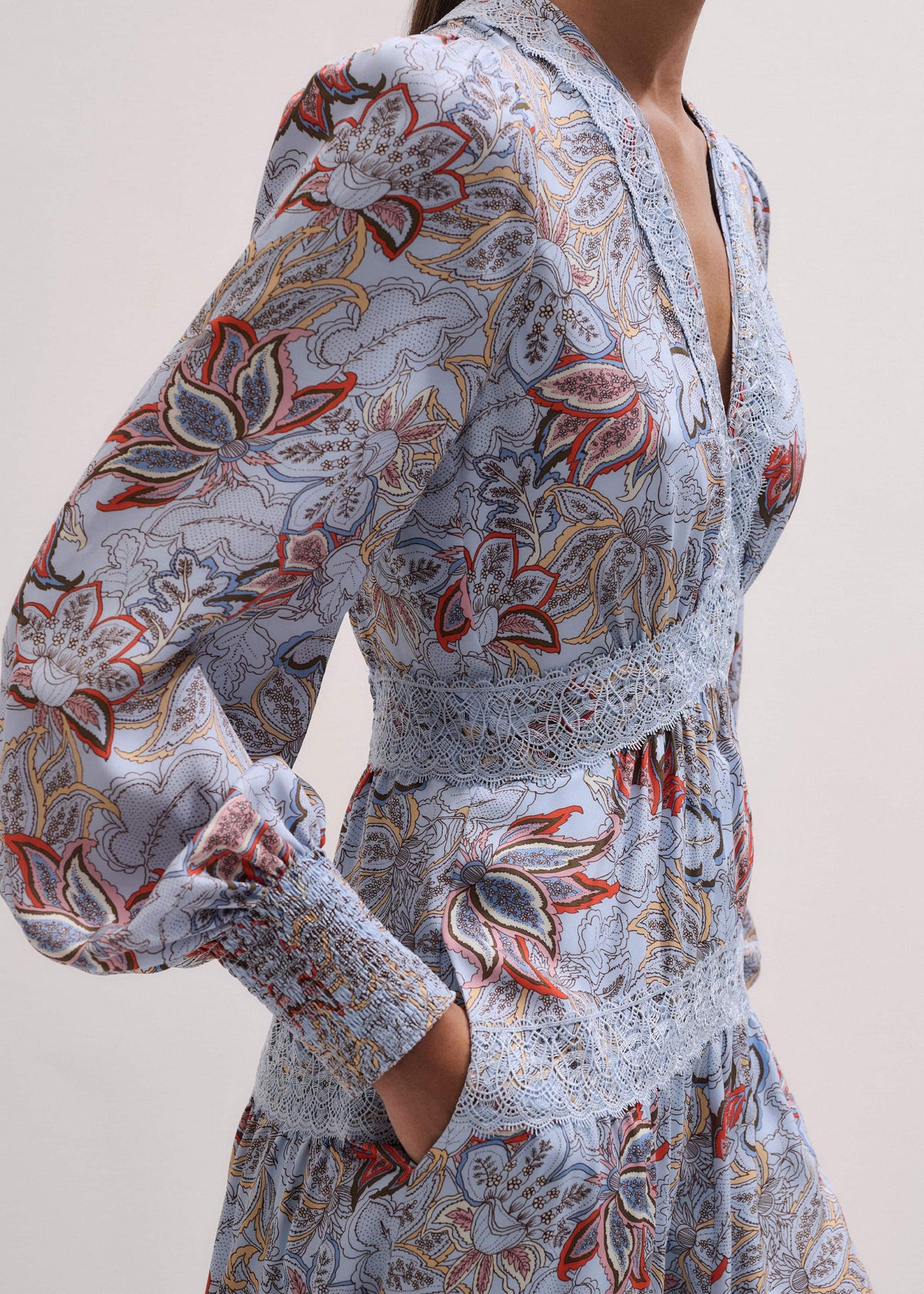 ME+EM Blue Silk Delicate Paisley Print Fit + Flare Maxi Dress