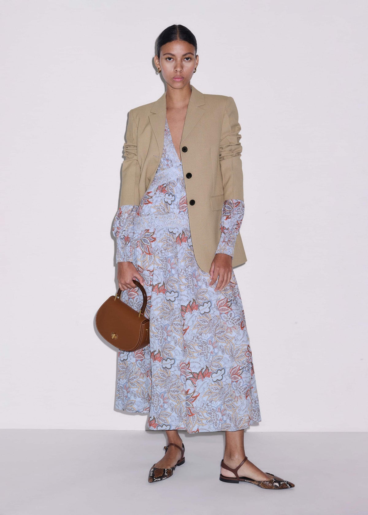 ME+EM Blue Silk Delicate Paisley Print Fit + Flare Maxi Dress