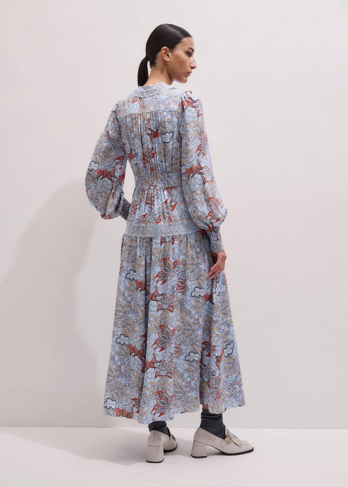 ME+EM Blue Silk Delicate Paisley Print Fit + Flare Maxi Dress
