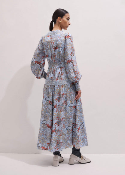 ME+EM Blue Silk Delicate Paisley Print Fit + Flare Maxi Dress