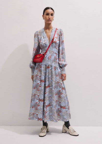 ME+EM Blue Silk Delicate Paisley Print Fit + Flare Maxi Dress