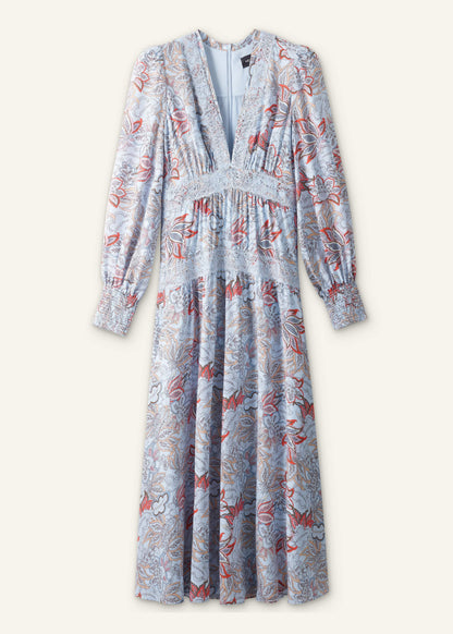 ME+EM Blue Silk Delicate Paisley Print Fit + Flare Maxi Dress