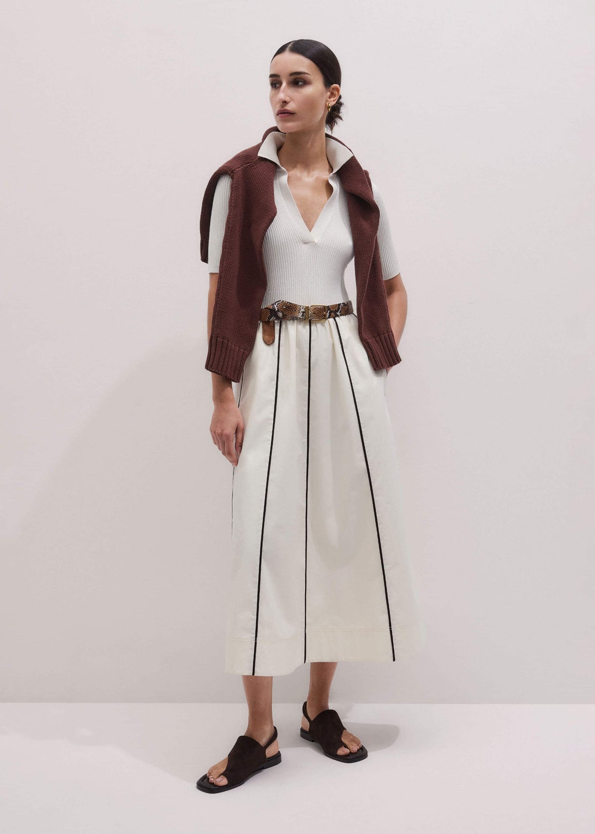 ME+EM Cream Mixed Media Fit And Flare Midi Dress + Belt
