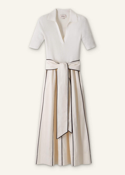 ME+EM Cream Mixed Media Fit And Flare Midi Dress + Belt