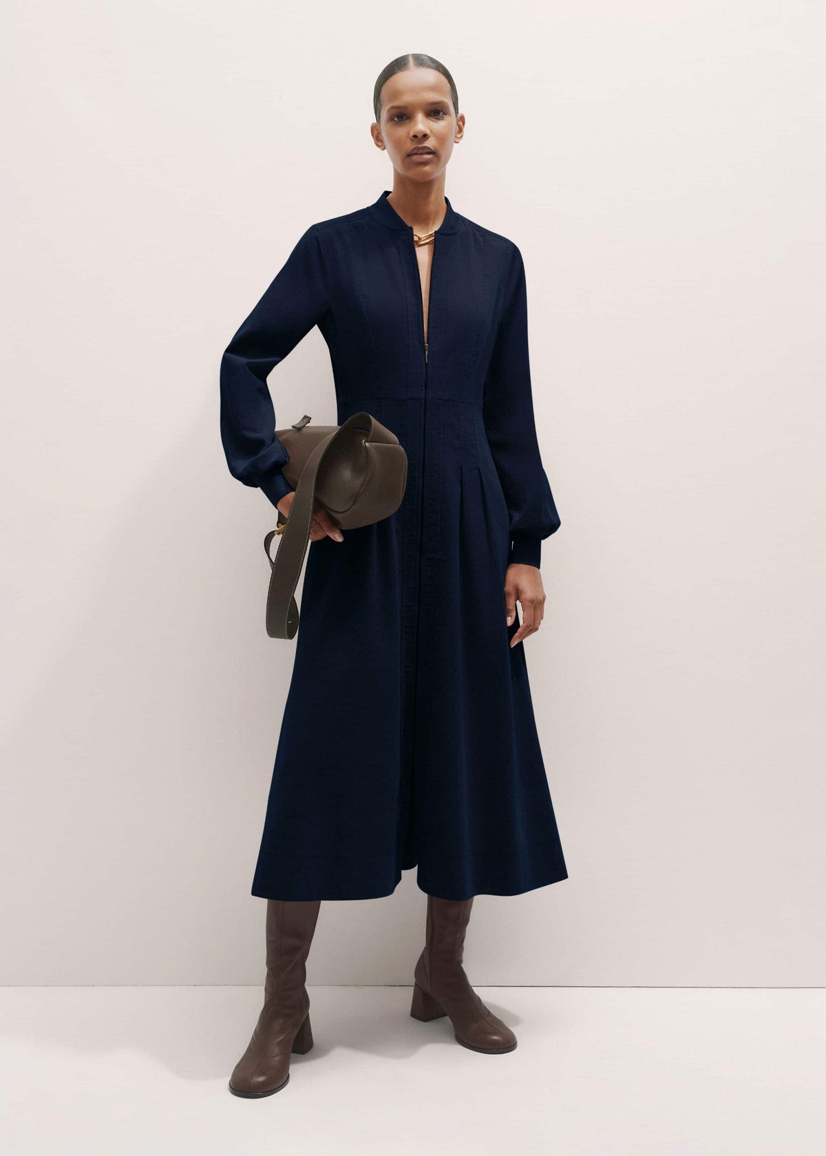 ME+EM Navy Cotton Cord Pleated Midi Dress