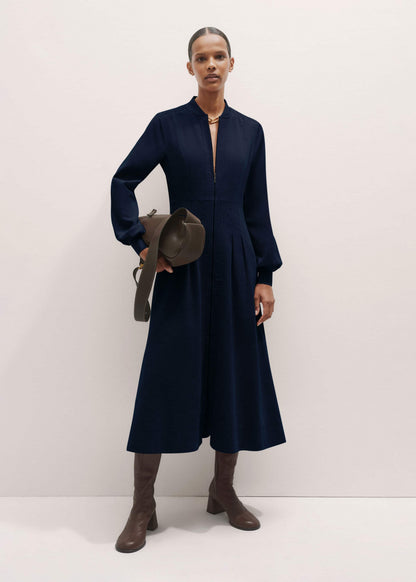 ME+EM Navy Cotton Cord Pleated Midi Dress