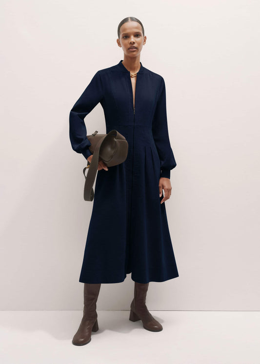 ME+EM Navy Cotton Cord Pleated Midi Dress