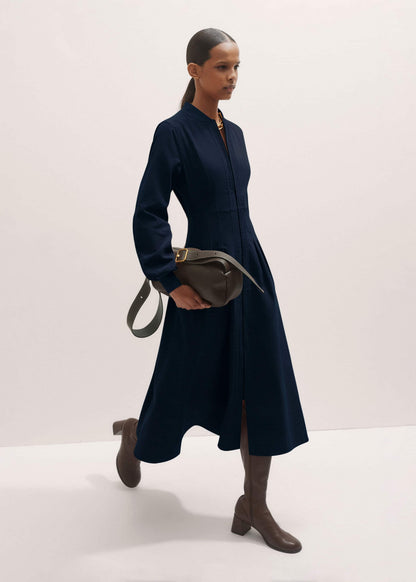 ME+EM Navy Cotton Cord Pleated Midi Dress