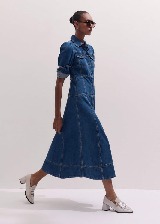 ME+EM Blue Panelled Fit + Flare Midi Dress