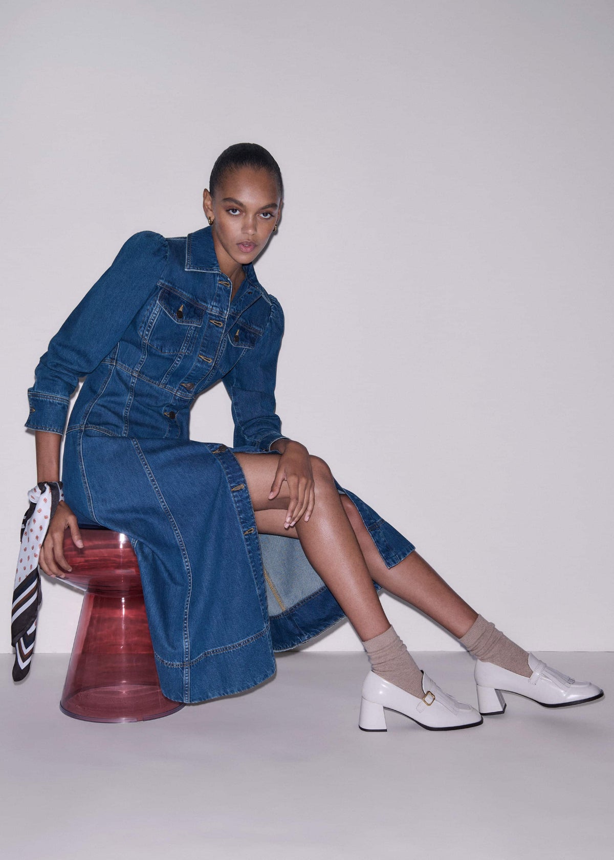 ME+EM Blue Panelled Fit + Flare Midi Dress