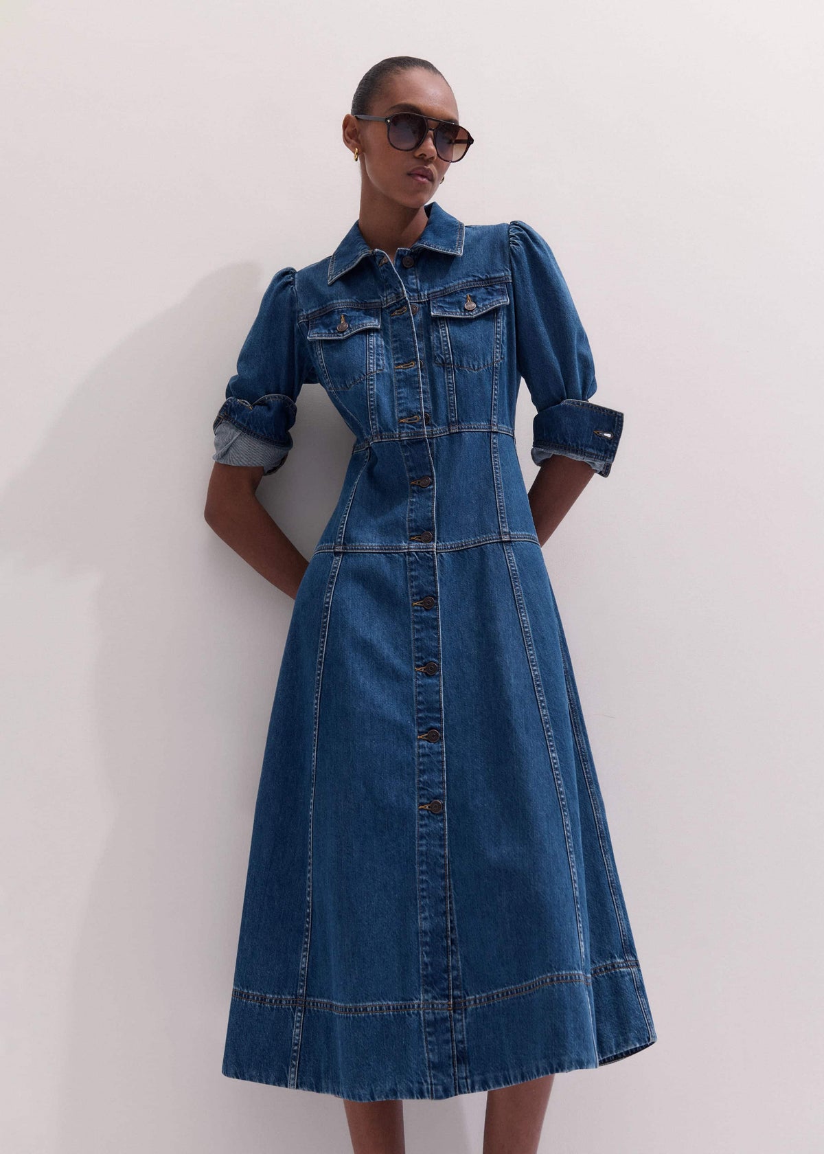 ME+EM Blue Panelled Fit + Flare Midi Dress