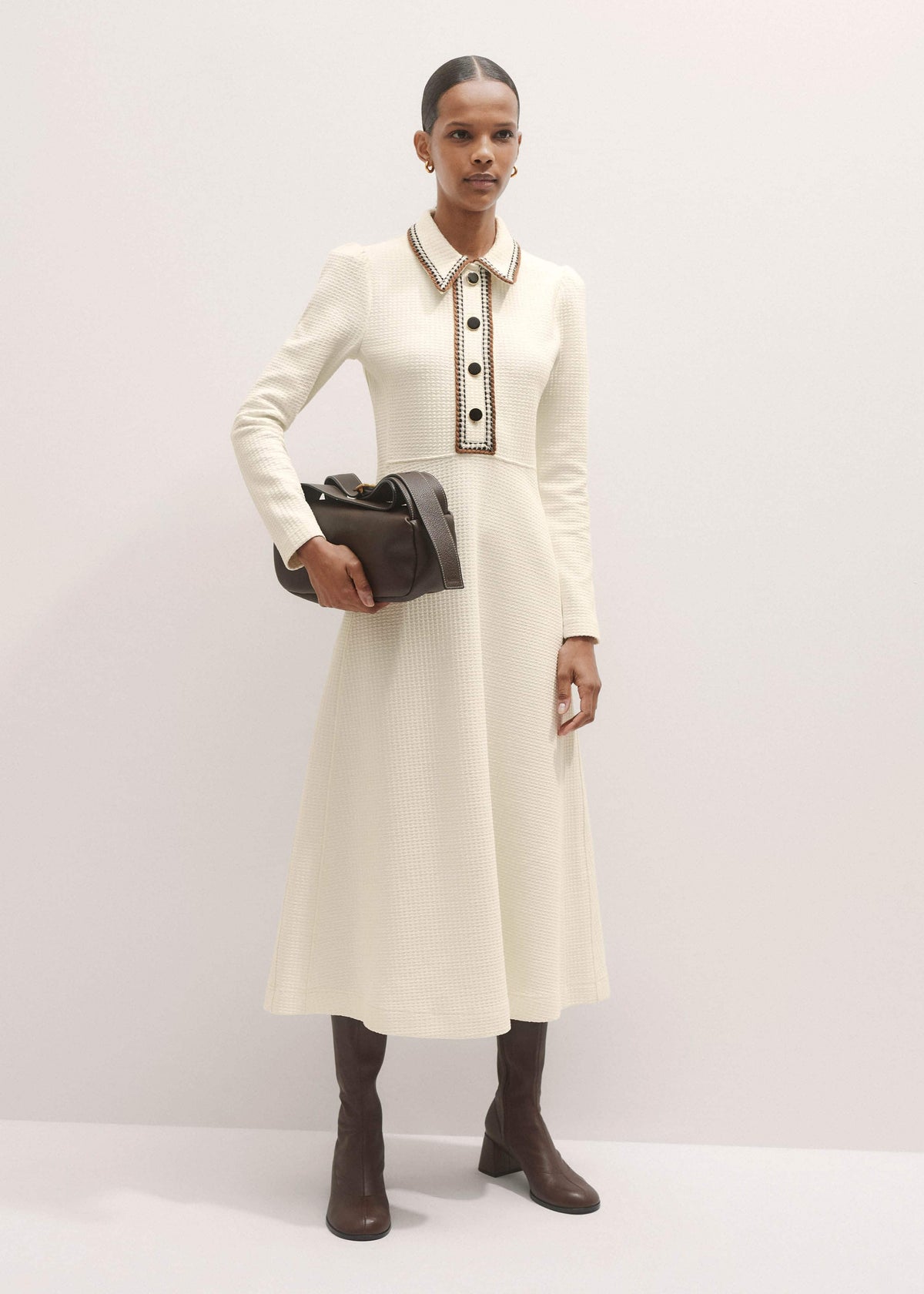 ME+EM Cream Crochet Trim Fit and Flare Midi Dress