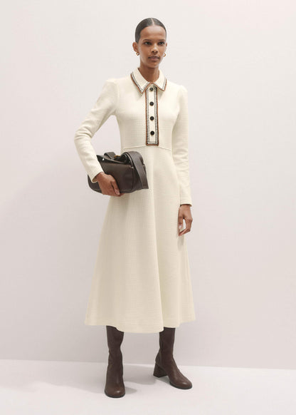 ME+EM Cream Crochet Trim Fit and Flare Midi Dress