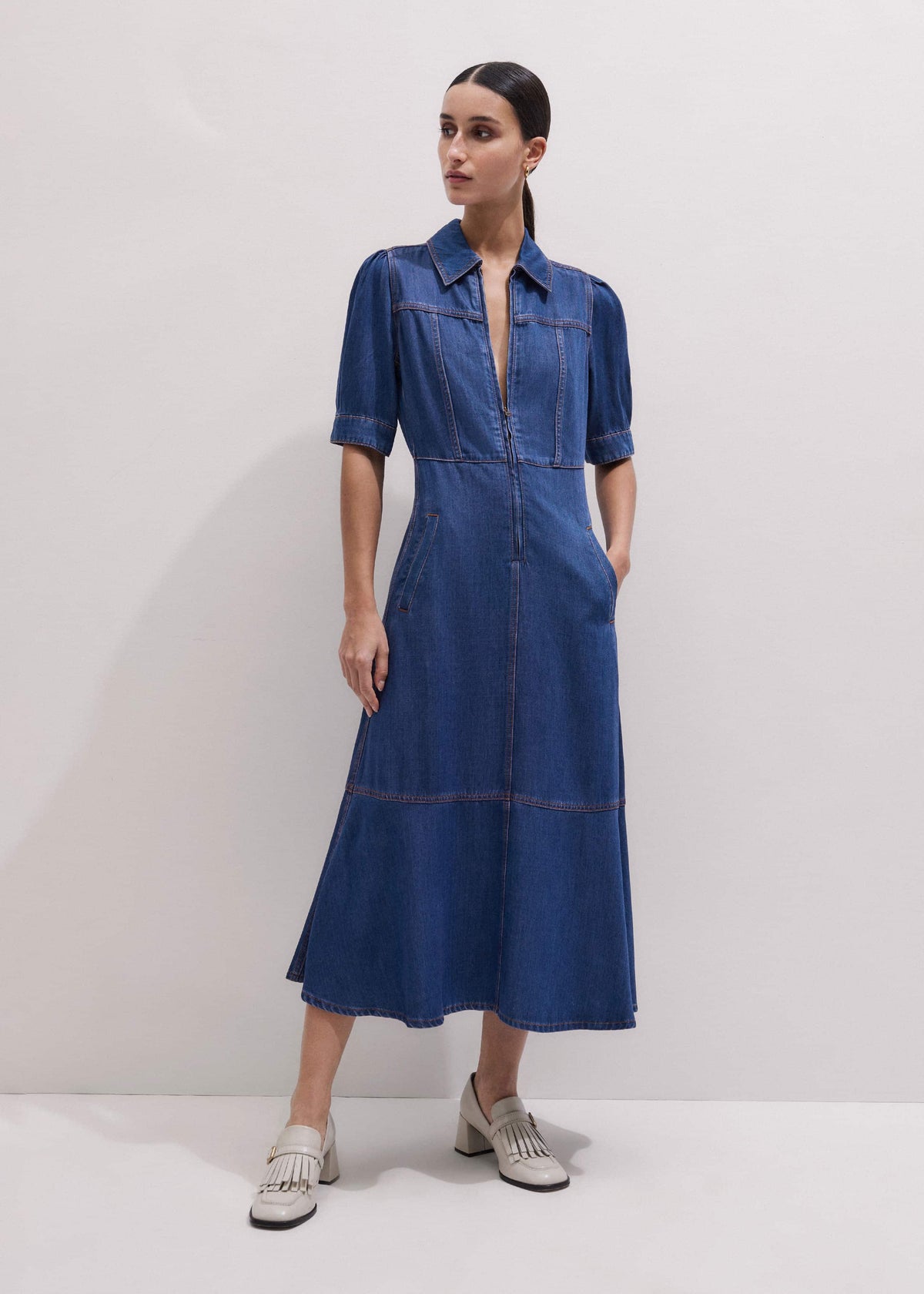 ME+EM Blue Fluid Fit + Flare Midi Dress + Belt