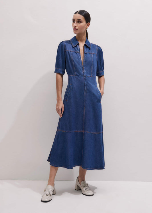 ME+EM Blue Fluid Fit + Flare Midi Dress + Belt