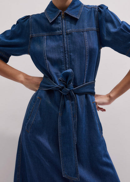 ME+EM Blue Fluid Fit + Flare Midi Dress + Belt