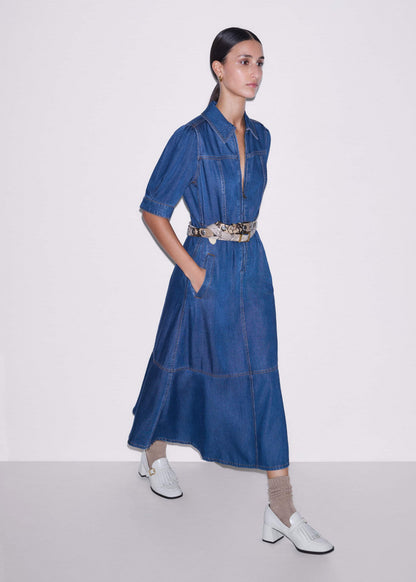 ME+EM Blue Fluid Fit + Flare Midi Dress + Belt