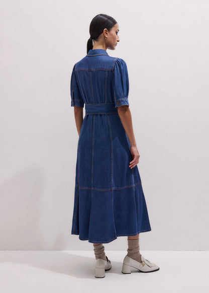 ME+EM Blue Fluid Fit + Flare Midi Dress + Belt