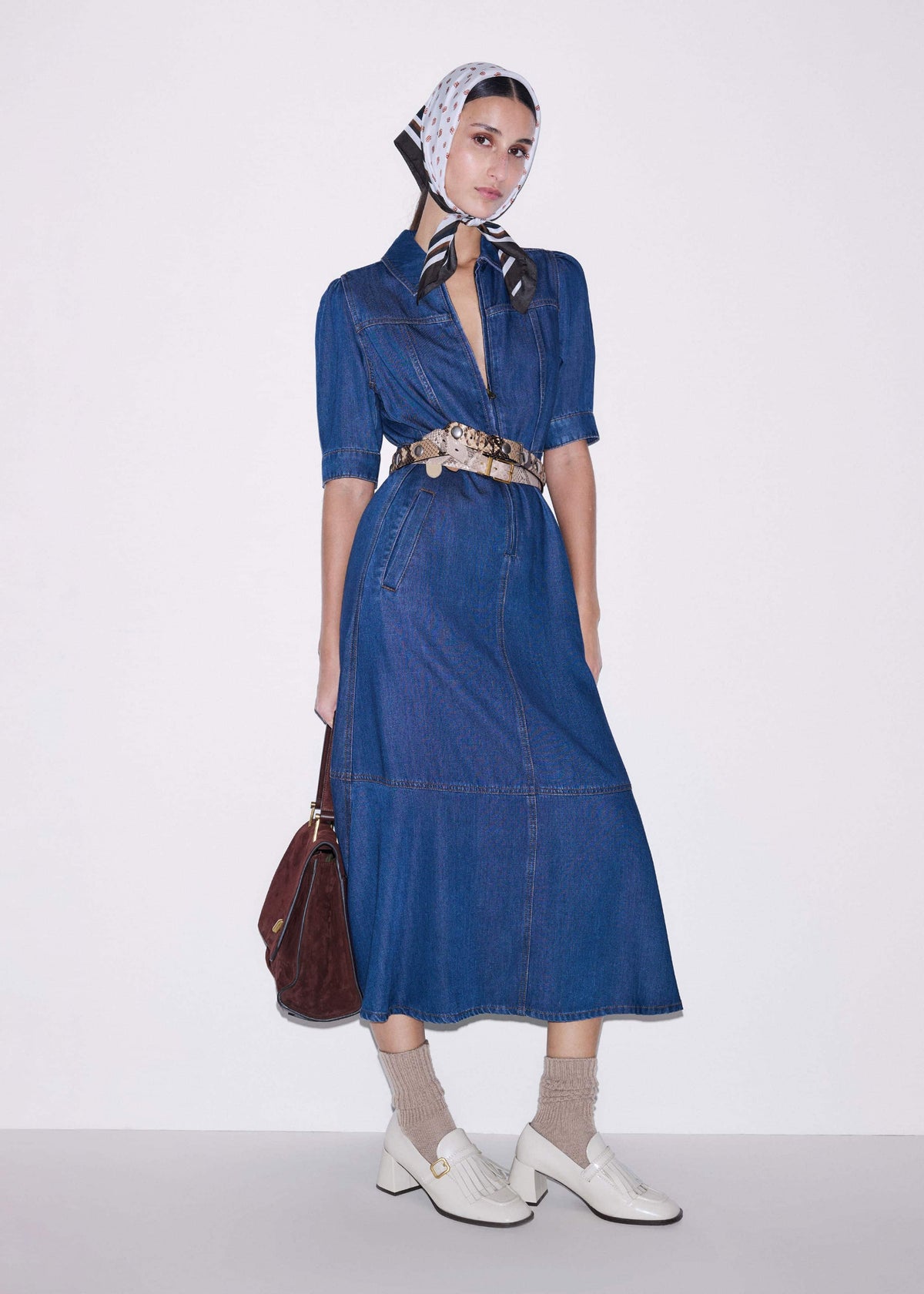 ME+EM Blue Fluid Fit + Flare Midi Dress + Belt
