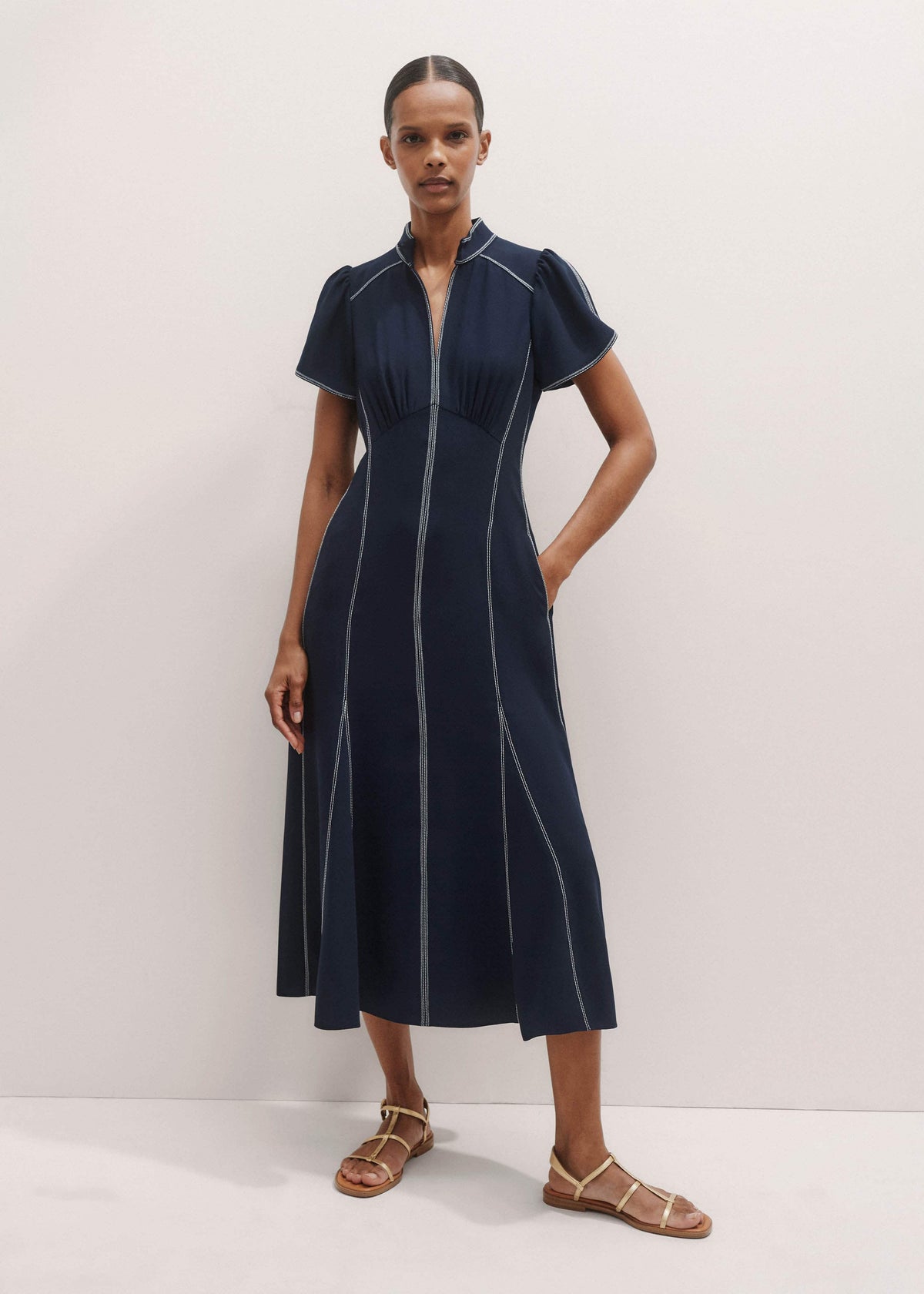 ME+EM Navy Contrast Stitch Midi Dress