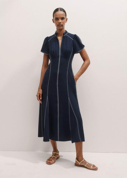 ME+EM Navy Contrast Stitch Midi Dress