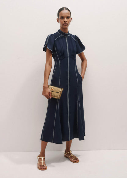 ME+EM Navy Contrast Stitch Midi Dress