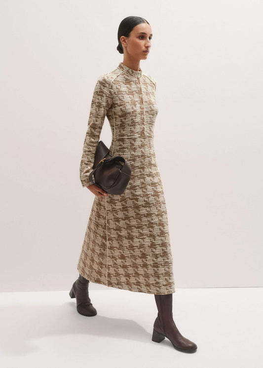 ME+EM Brown Exaggerated Houndstooth Midi Dress