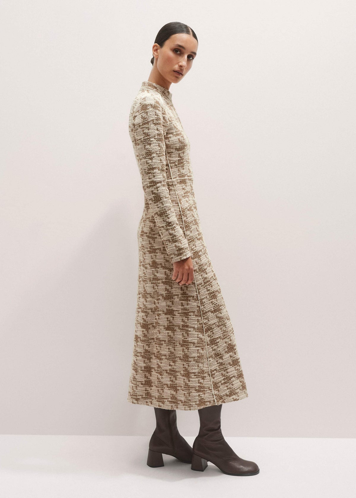 ME+EM Brown Exaggerated Houndstooth Midi Dress