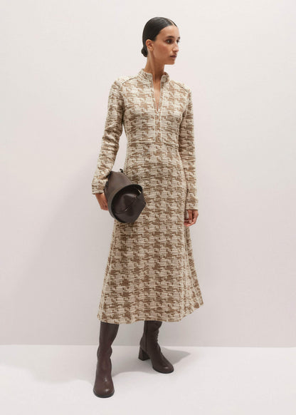 ME+EM Brown Exaggerated Houndstooth Midi Dress
