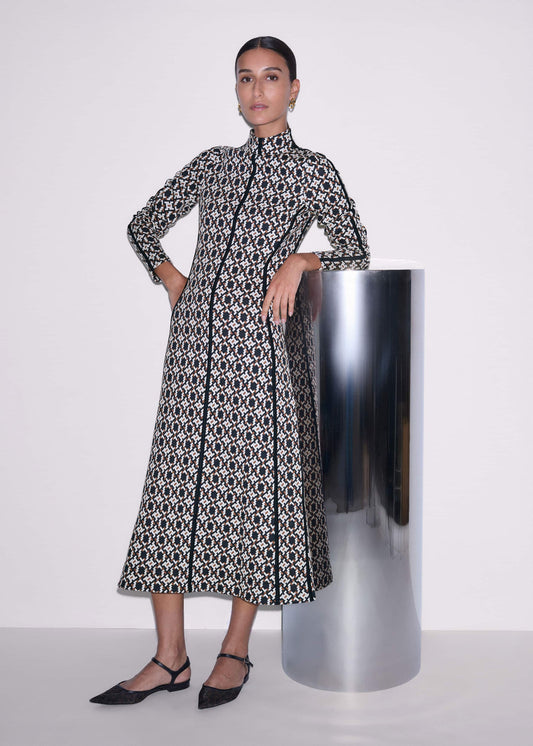 ME+EM Navy Graphic Jacquard Fit and Flare Midi Dress