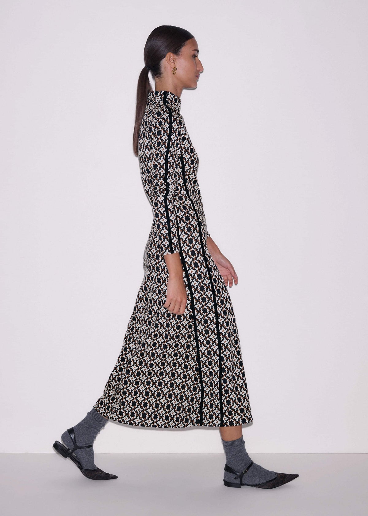 ME+EM Navy Graphic Jacquard Fit and Flare Midi Dress