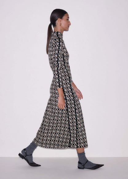 ME+EM Navy Graphic Jacquard Fit and Flare Midi Dress