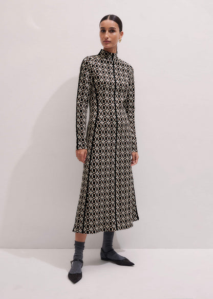ME+EM Navy Graphic Jacquard Fit and Flare Midi Dress