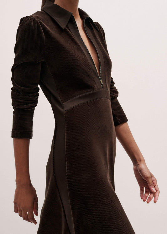 ME+EM Brown Ponte Collared Cord Velour AM-PM Midi Dress