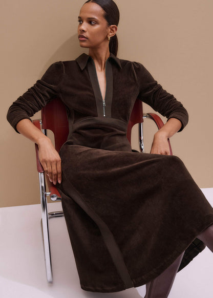 ME+EM Brown Ponte Collared Cord Velour AM-PM Midi Dress