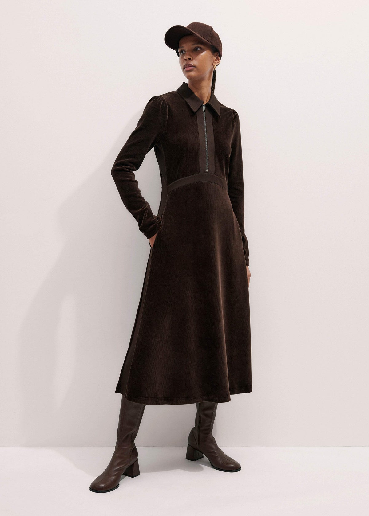 ME+EM Brown Ponte Collared Cord Velour AM-PM Midi Dress