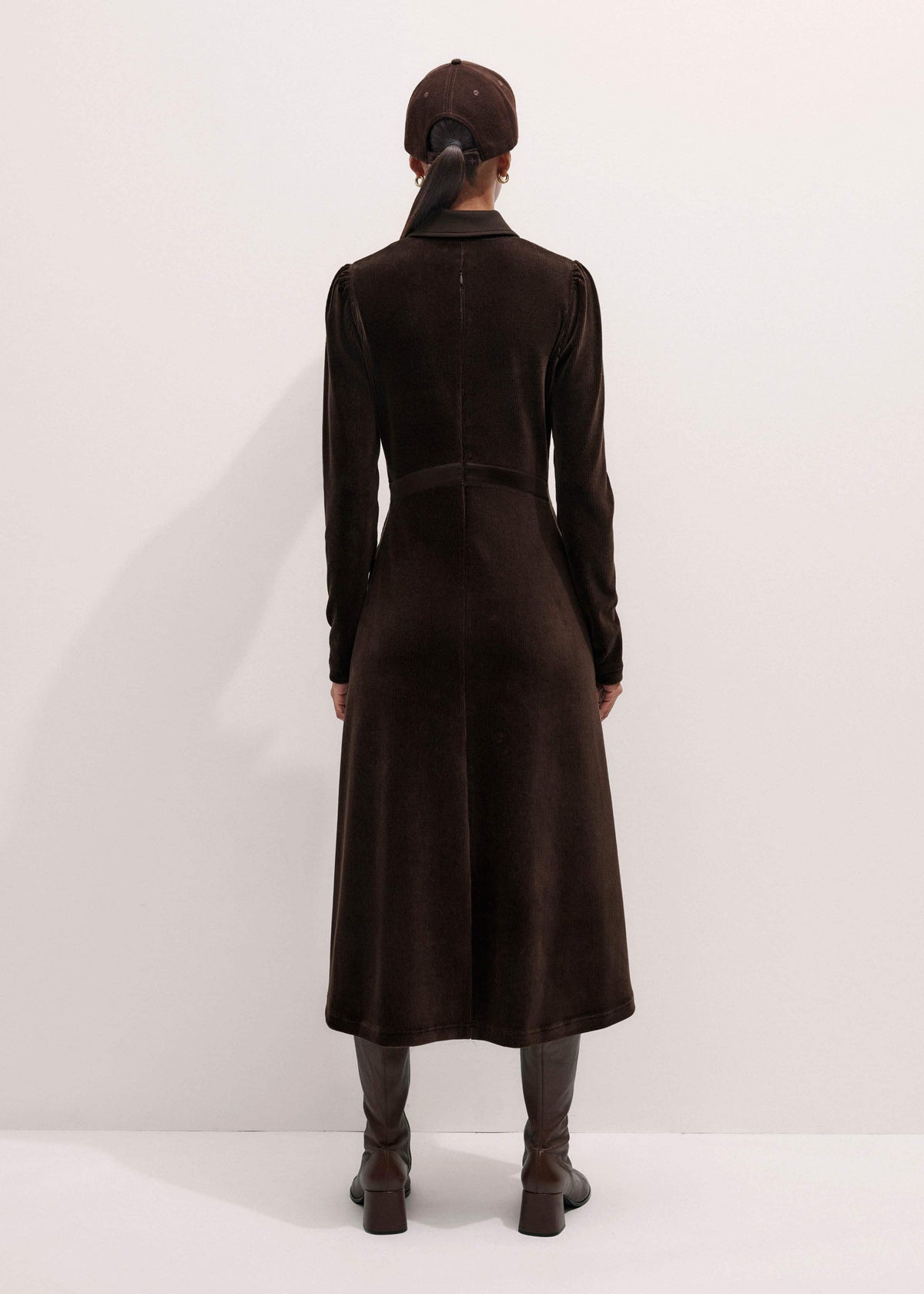 ME+EM Brown Ponte Collared Cord Velour AM-PM Midi Dress