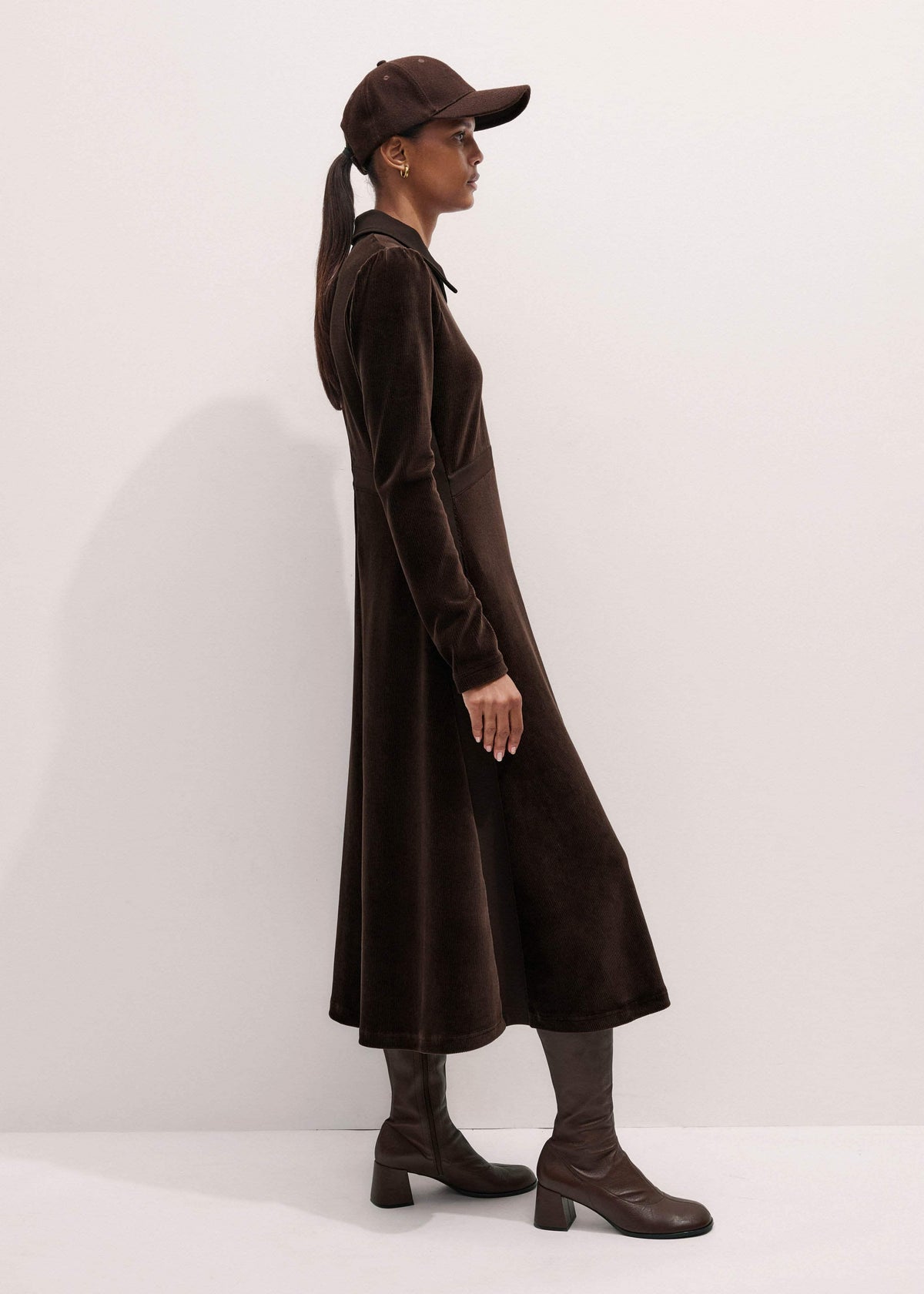 ME+EM Brown Ponte Collared Cord Velour AM-PM Midi Dress