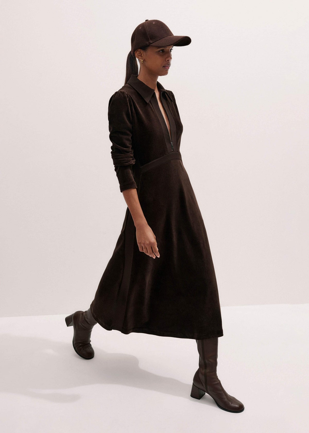 ME+EM Brown Ponte Collared Cord Velour AM-PM Midi Dress