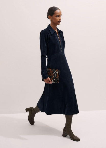 ME+EM Navy Ponte Collared Cord Velour AM-PM Midi Dress