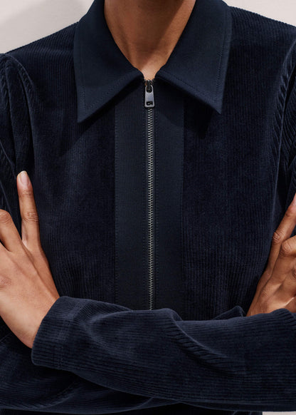ME+EM Navy Ponte Collared Cord Velour AM-PM Midi Dress