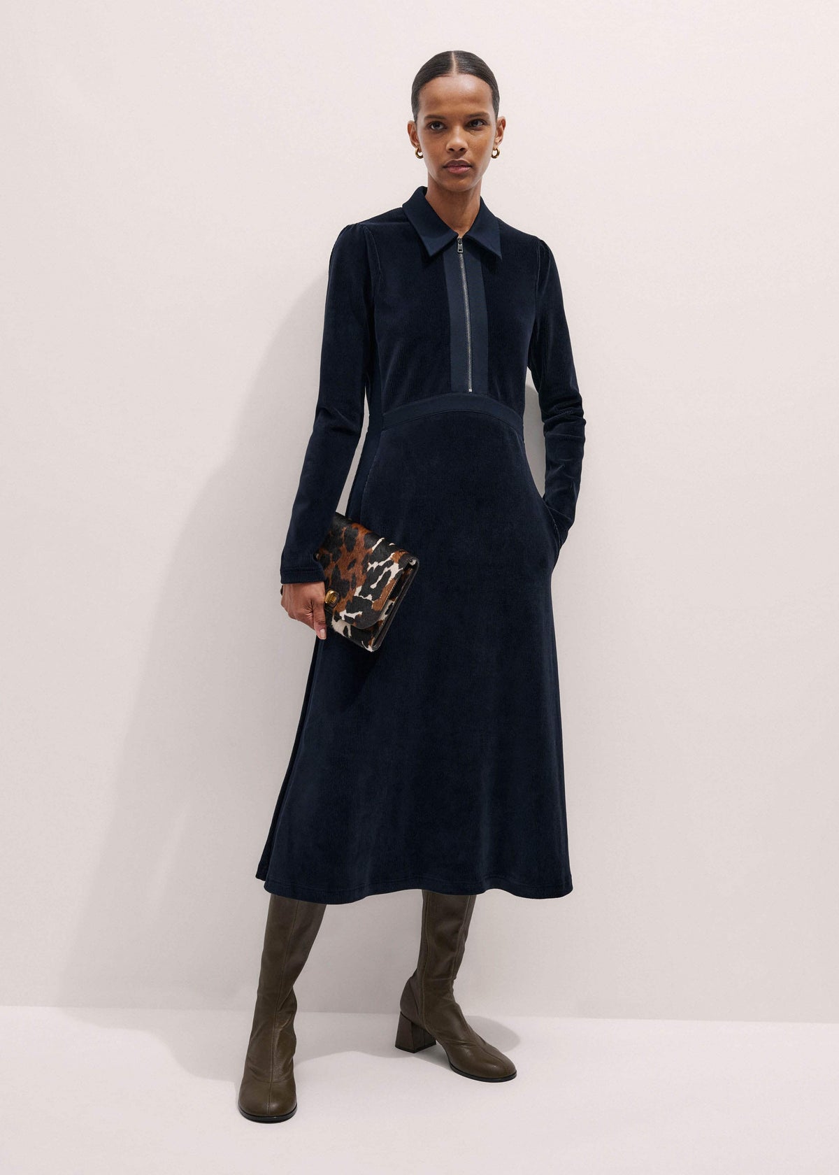 ME+EM Navy Ponte Collared Cord Velour AM-PM Midi Dress