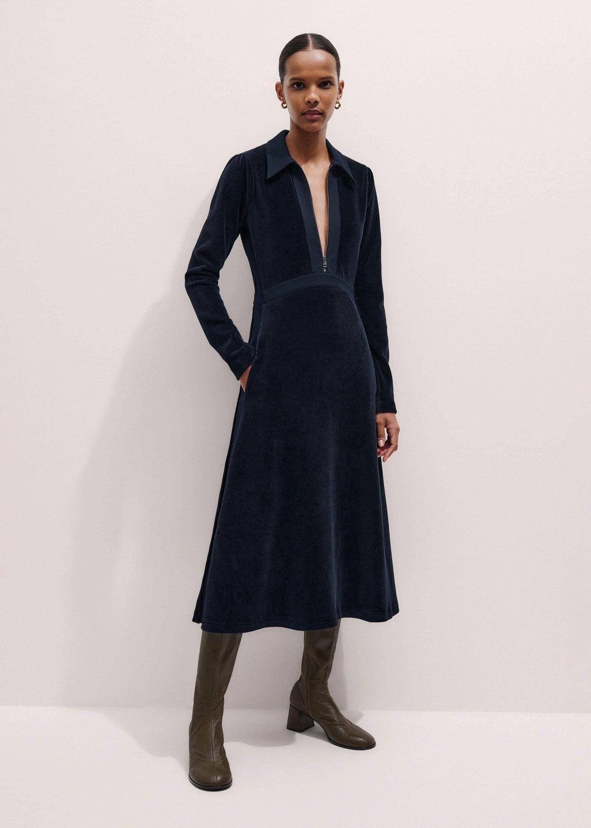 ME+EM Navy Ponte Collared Cord Velour AM-PM Midi Dress