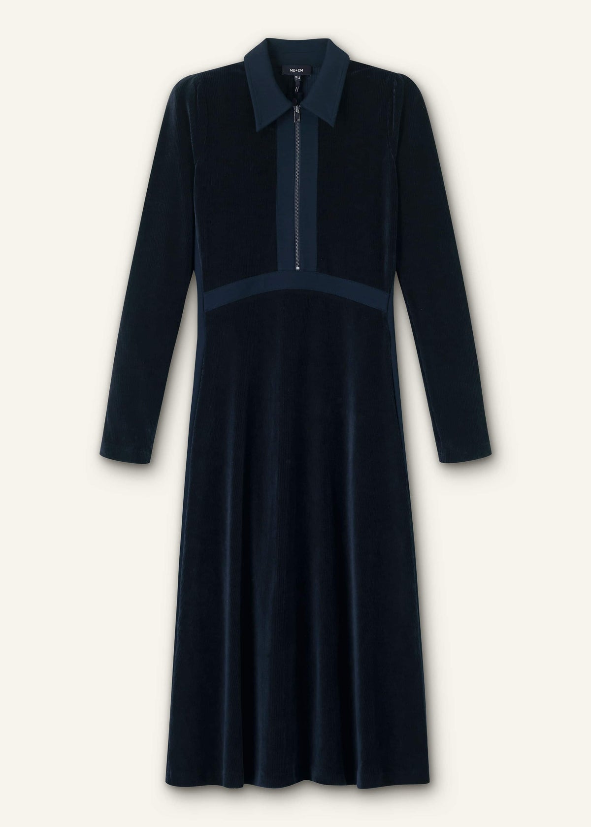 ME+EM Navy Ponte Collared Cord Velour AM-PM Midi Dress