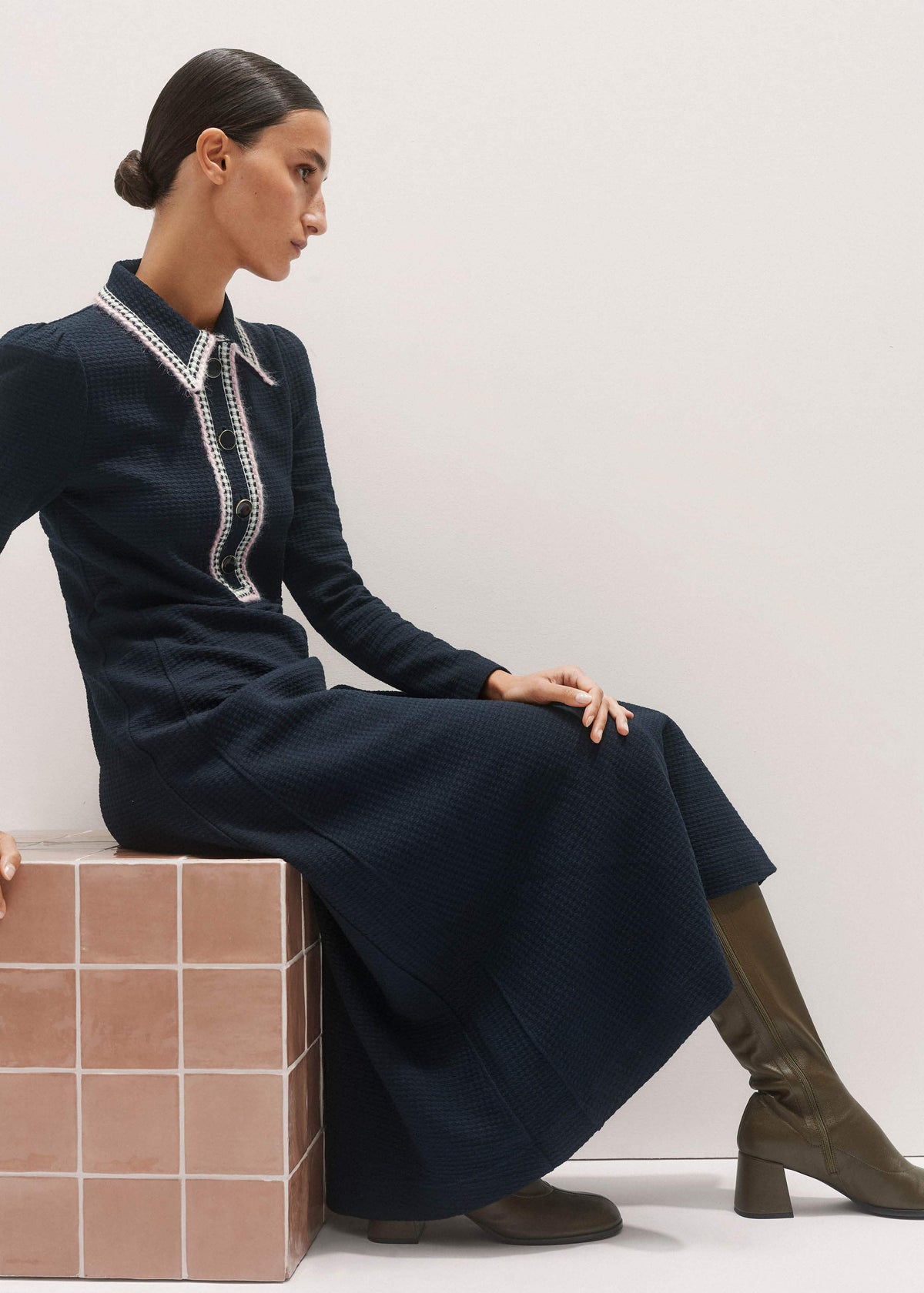 ME+EM Navy Crochet Trim Fit and Flare Midi Dress